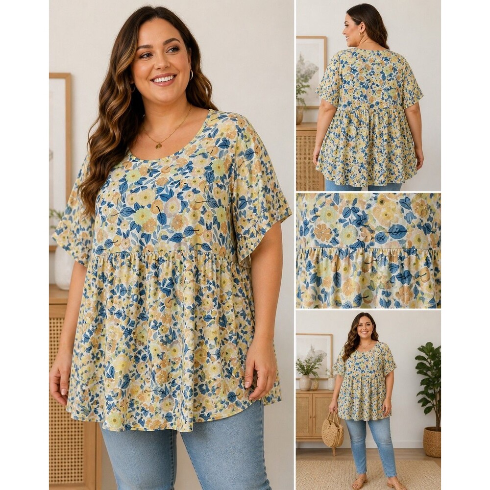 Bloomchic Floral Babydoll Tunic Top 28 Blue Yellow Rayon Cottagecore Plus